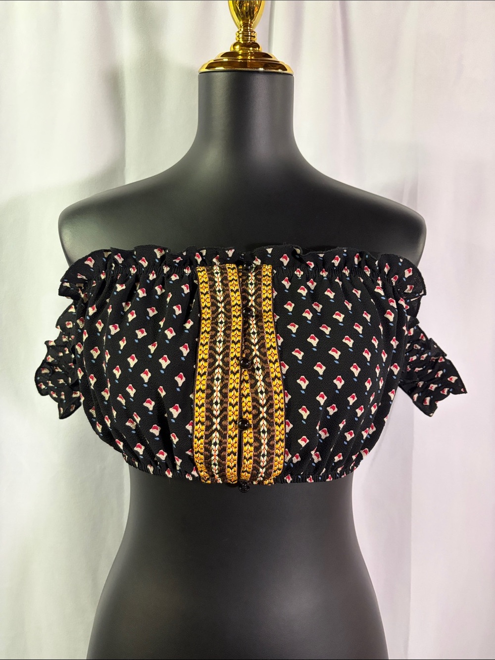 Bear Dance Black Multicolor Printed Button Front Crop Top